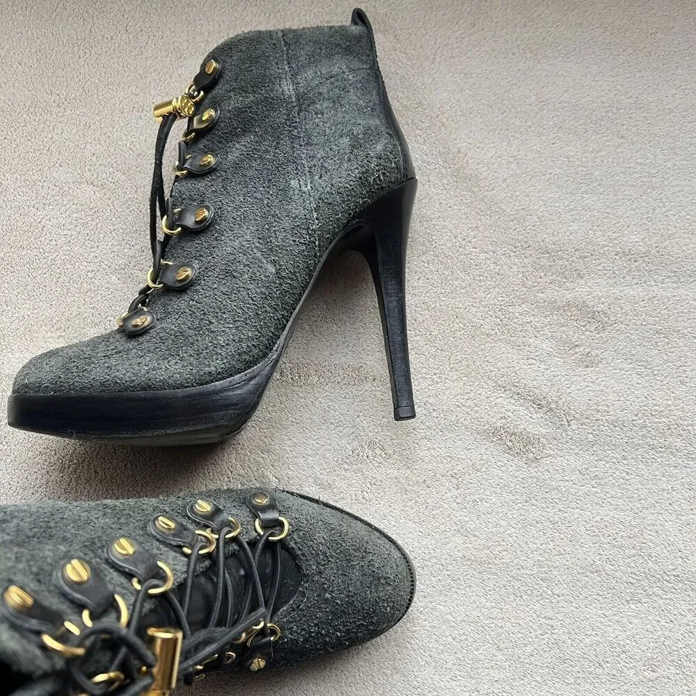 Tory Burch Hamila Dark Gray Distressed Suede Lace Up High Heel Booties Women 6.5
